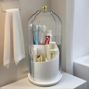 Toothbrush Holders with Cover 360 Rotating 3 Slots Bathroom Counter Organizer Stand Sink Organizer Caddy for Vanity Makeup Brushes Holder Bathroom Organizer and Storage Bathroom Decor TikTok Shop Fall Deals for you Home Goods White