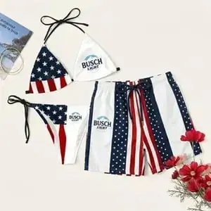 Busch Light Flag Drinking Triangle Swimsuit Set, Patriotic USA Matching Couple Swimwear Set, American Flag String Bikini & Men's Beach Shorts, 4th of July Beach Outfit, Summer Vacation Swimwear