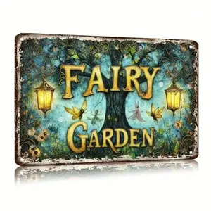 Personalized Aluminum Vintage Fairy Garden Sign Weather-Resistant Rustic Design Wall Art for Home Kitchen Cafe Living Room Bedroom House Decor