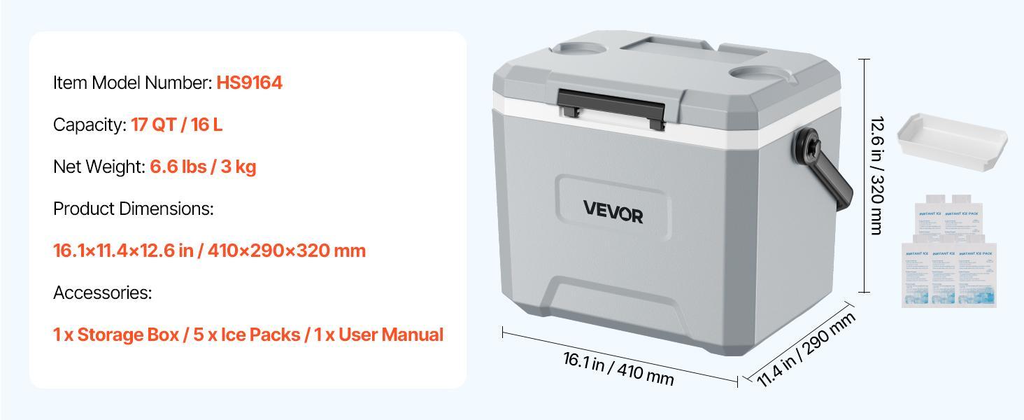 VEVOR 17QT Hard Cooler, Portable Travel Cooler with Leak-Resistant Coolbox, 48-Hour Cooling, Insulated Chest, Cooler Carry Handle, Ultra-Light Camping Gear and Equipment for Outdoor Trips, Camper Cooling Solutions, Hiking/Camping