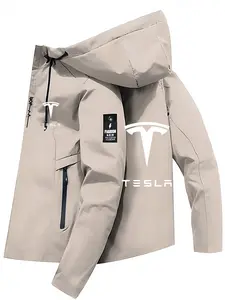 Men's & Women's Fashion Jacket with Tesla Letter Graphic Print, Zipper Pockets, Casual Hooded Geometric Design, Spring & Fall Polyester Pullover