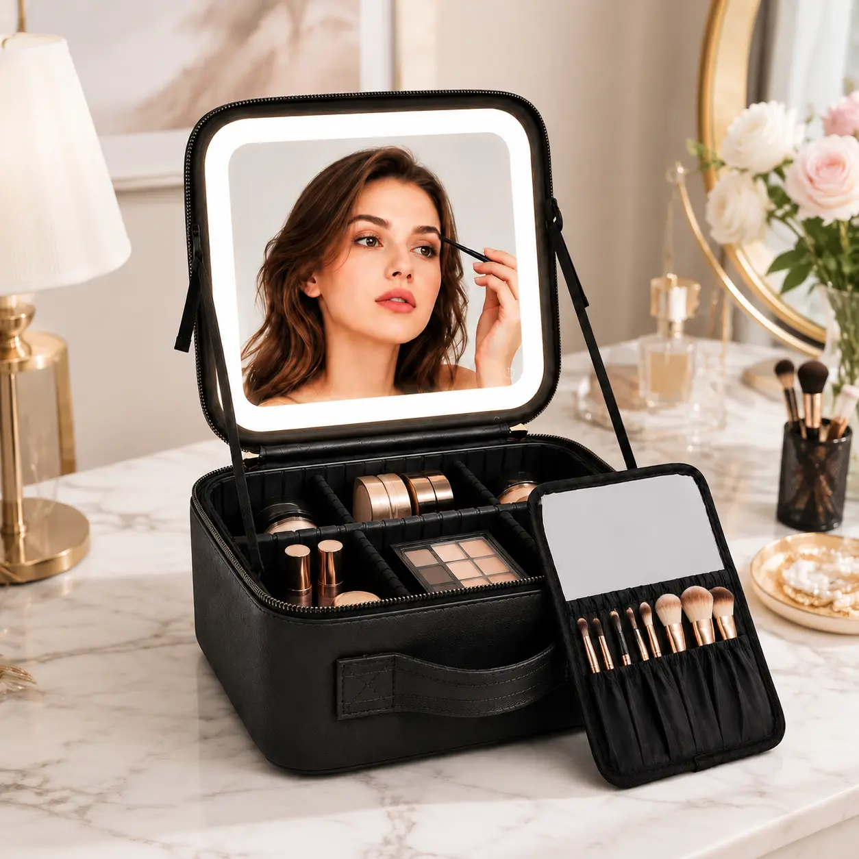 Women's Portable Makeup Bag with Smart LED Mirror, Waterproof PU Leather, Adjustable Dividers - 2-Color Travel Essential Luggage Accessory