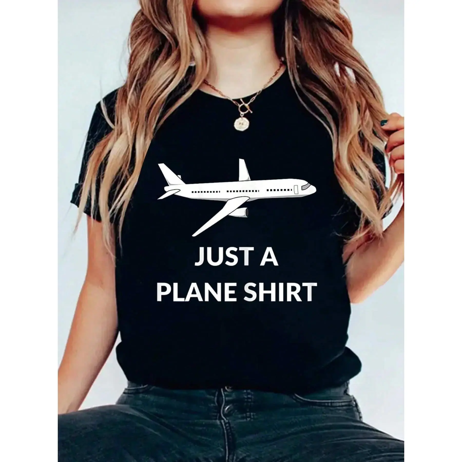 Just A Plane Shirt Funny Airplane Aviator Pilot T-Shirt Print Women's Round Neck Short Sleeve T-Shirt Fashion Graphic Tees Women Top