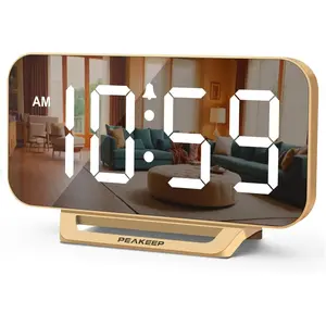 Slim Digital Mirror Aesthetic Alarm Clock for Bedrooms,Desk Decor-Plug in Electric Big LED Modern Small Clock for Office,Living Room, Battery Backup, 6 Dimmers (Gold)