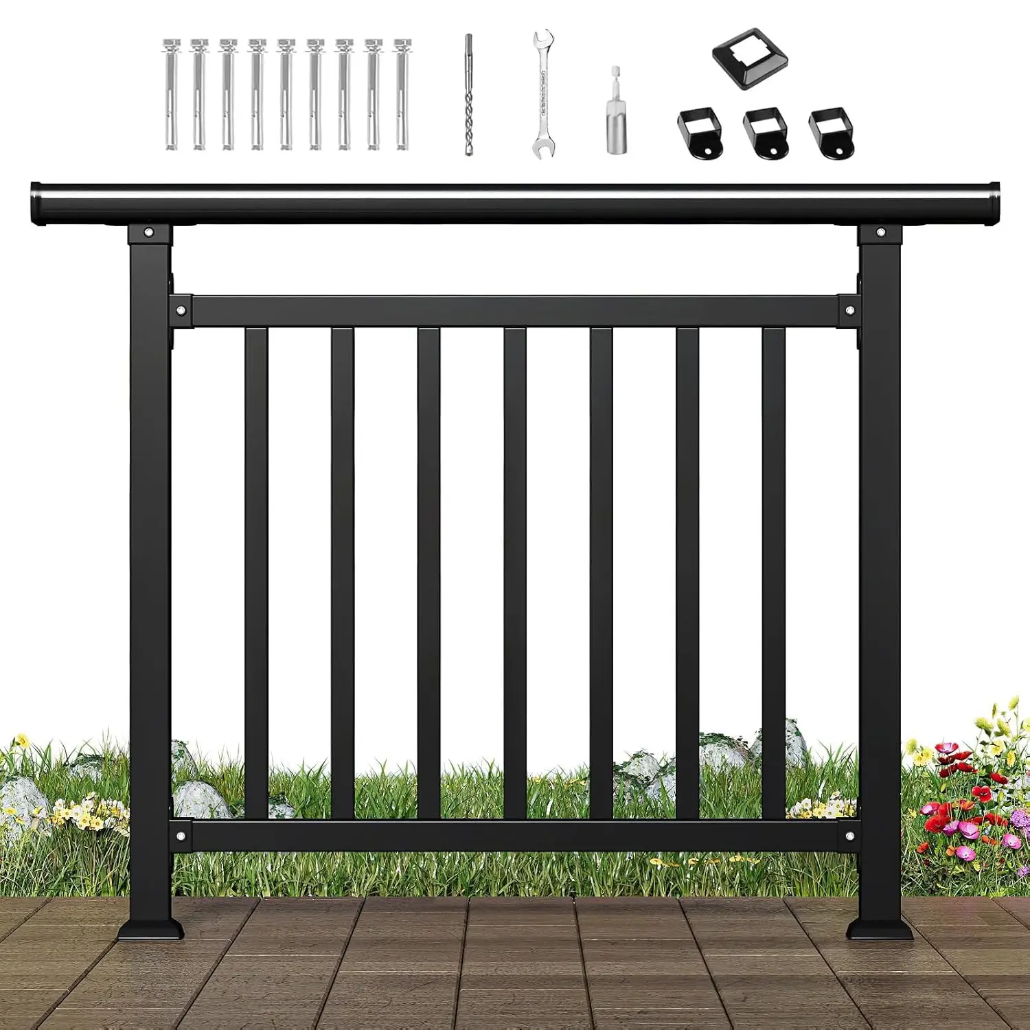 Maeklon Horizontal Outdoor Deck Railing Kit - 40" H x 50" W Heavy-Duty Wrought Iron Good Guardrail, Rust-Resist Coat, Advanced Powder-Coated Finish, Contemporary Elegance Flat Design for Patios, Black