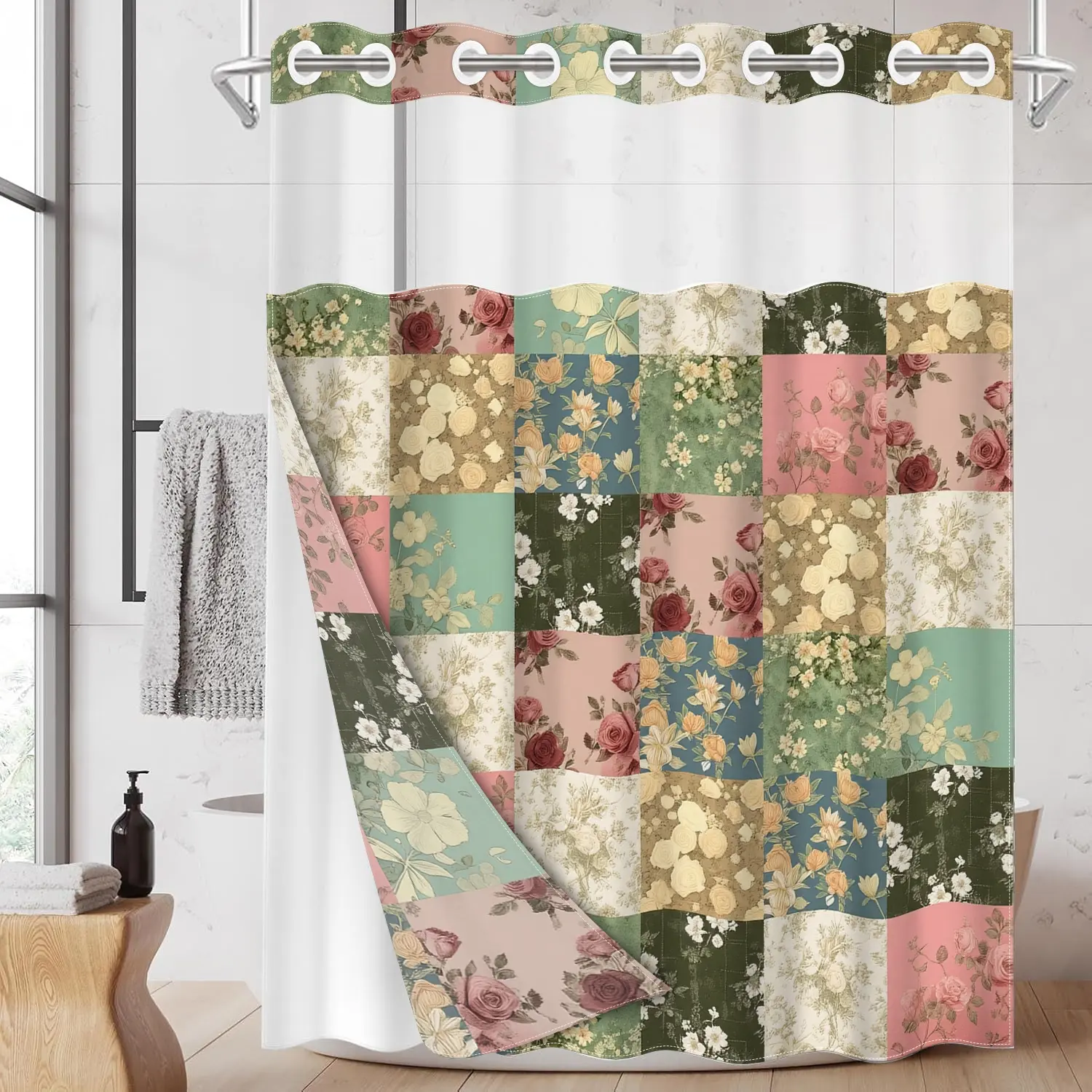 1pc 2D Flat Printing hookless Pretty shower curtain liner Floral Patchwork Fabric waterproof with transparent window, double-layer shower curtain, 71x74 inches, modern home decoration Flowers, Bathroom Decorations, Bathroom Accessory
