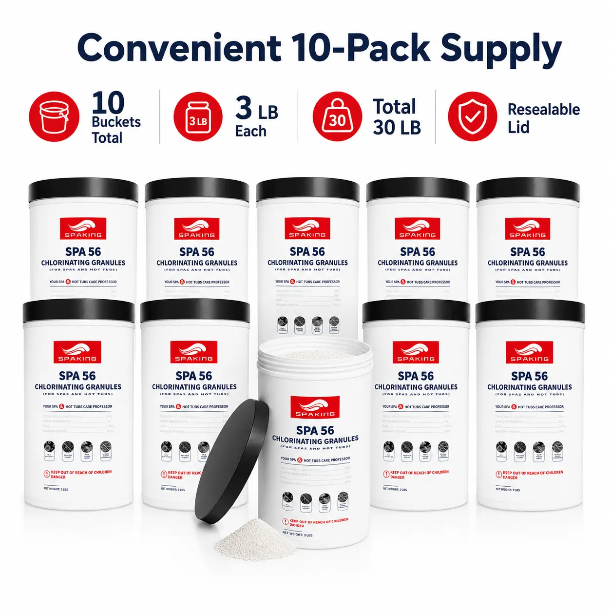 10 Pack Pool Chlorine Granules, 3 lbs Each Chlorinating Powder for Swimming Pools, Fast Dissolving Pool Shock Treatment for Above Ground Pools, Hot Tubs & Spas, Bulk Water Clarifier (Total 30 lbs)