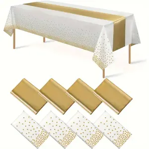 Set of 8 Halloween & Christmas Party Tablecloths, Includes 4 Plastic Table Cover & 4 Satin Table Runners, Perfect for Weddings, Birthdays, Anniversaries, table setting, Party Decoration Supplies