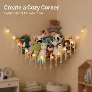 60in Hangable Boho White Hammock with Warm White Star LED String Lights, Soft Cotton Hanging Corner Net Bag, Whimsical Home Decor Bedroom Organizer for Kids’ Stuffed Animals, Room Inspo Decoration Home Supply