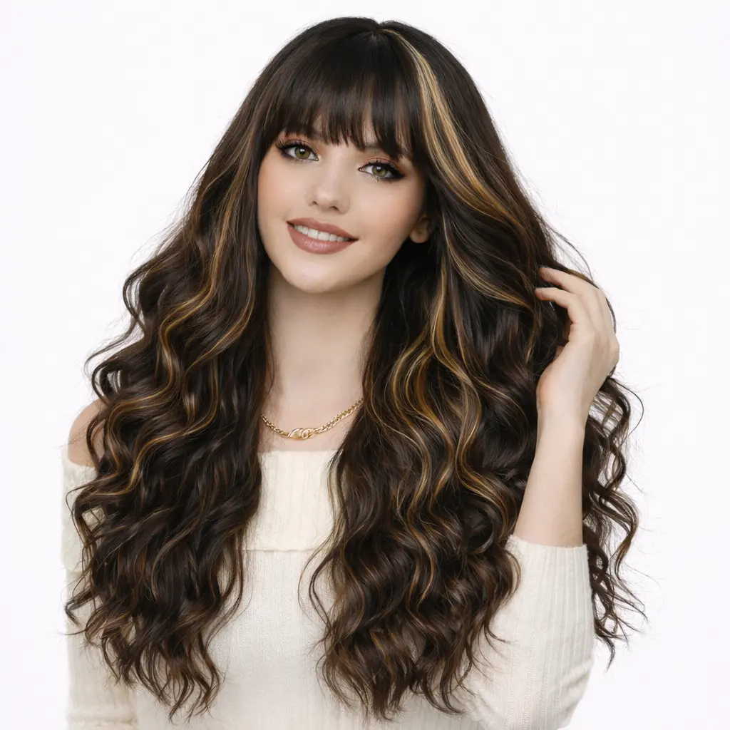 Long Curly Wig with Bangs for Women, Fluffy Big Wave Synthetic Hair Wig, Natural Looking Full Volume Wig for Daily Use No Glue Wig Light Brown Wig