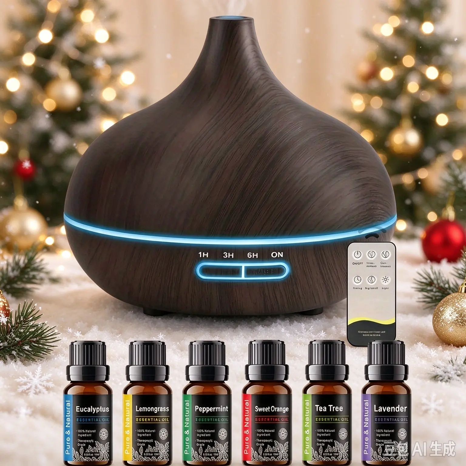 550ml Wood Grain Aroma Diffuser with Remote Control, Timer & Cool Mist Humidifier for Large Rooms + 6-Piece Essential Oil Set