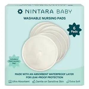 NintaraBaby Reusable Nursing Pads – 4-Layer Bamboo Cotton, Ultra-Soft, Absorbent & Leak-Proof, Contoured Comfort Fit, with Laundry Bag