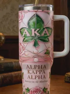 Alpha Kappa Alpha Tumbler with Handle – AKA Sorority Luxury Mug, Pink & Green Stainless Steel Cup, Perfect AKA Gift