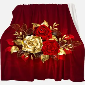 1Pc Luxury Red Rose Printed Flannel Blanket - Soft, Comfortable, All-Season Knitted Polyester Throw For Sofa, Bed, Travel, Office - Geometric Pattern, Cottage Style, Digital Print, Washable - Ideal For Home Decor, Valentine'S Day, Birthday Gifts For All A