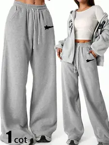 Women's star print elastic waistband drawstring loose sweatpants, fashionable and comfortable casual wear, suitable for daily wear and sports, simple and versatile street style, Drawstring Waist Athleisure