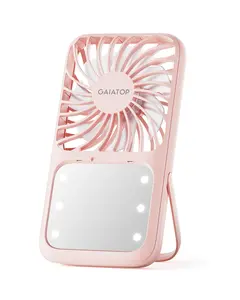 Gaiatop Portable Handheld Fan with Folding Stand, LED Makeup Mirror, 3 Speeds, Rechargeable Mini Fan, Travel Essential Gift for Women