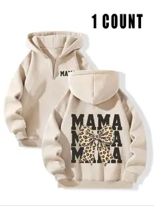 "MAMA" Leopard Bow Loose Thick Hoodie - Mom Style Casual Top