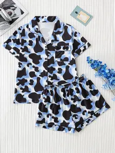 Women's 2-Piece Pajama Set, Blue Cow Print, Fitted Casual Style, Button Front Short Sleeve Top & Loose Comfortable Shorts, Fresh Lightweight Sleepwear, Pjs, Homewear, Womenswear