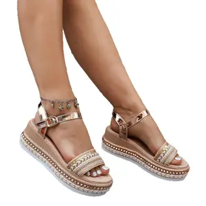 Wedge sandals for women 2026 summer new European and American large size fashion rivets thick-soled cross one-word buckle sandals for women
