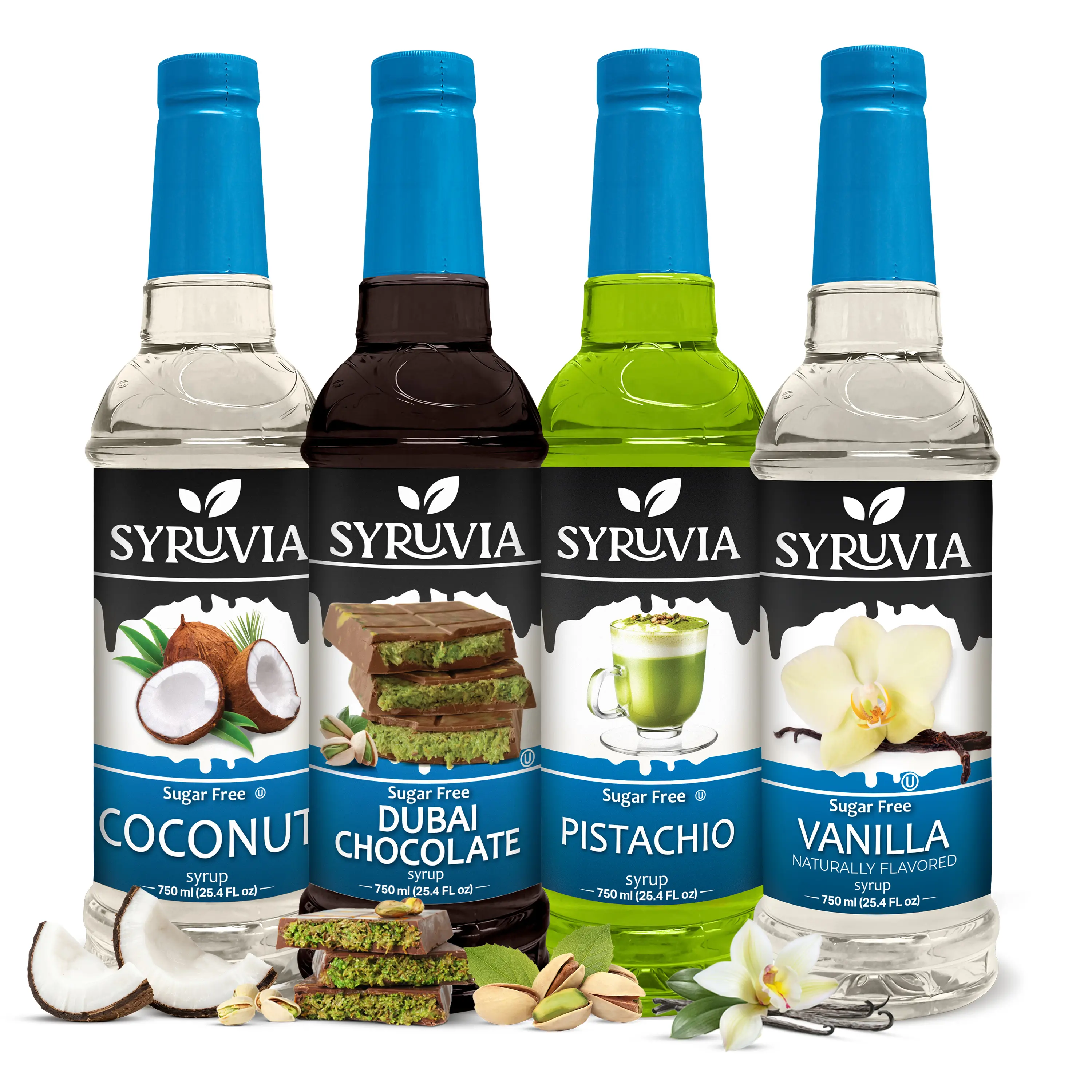 Syruvia Sugar Free Syrup Variety Pack – Coconut, Dubai Chocolate, Pistachio & Vanilla Flavors – Kosher, Gluten-Free Syrups for Coffee, Shakes & Desserts – 25.4 fl oz Bottles (Pack of 4)