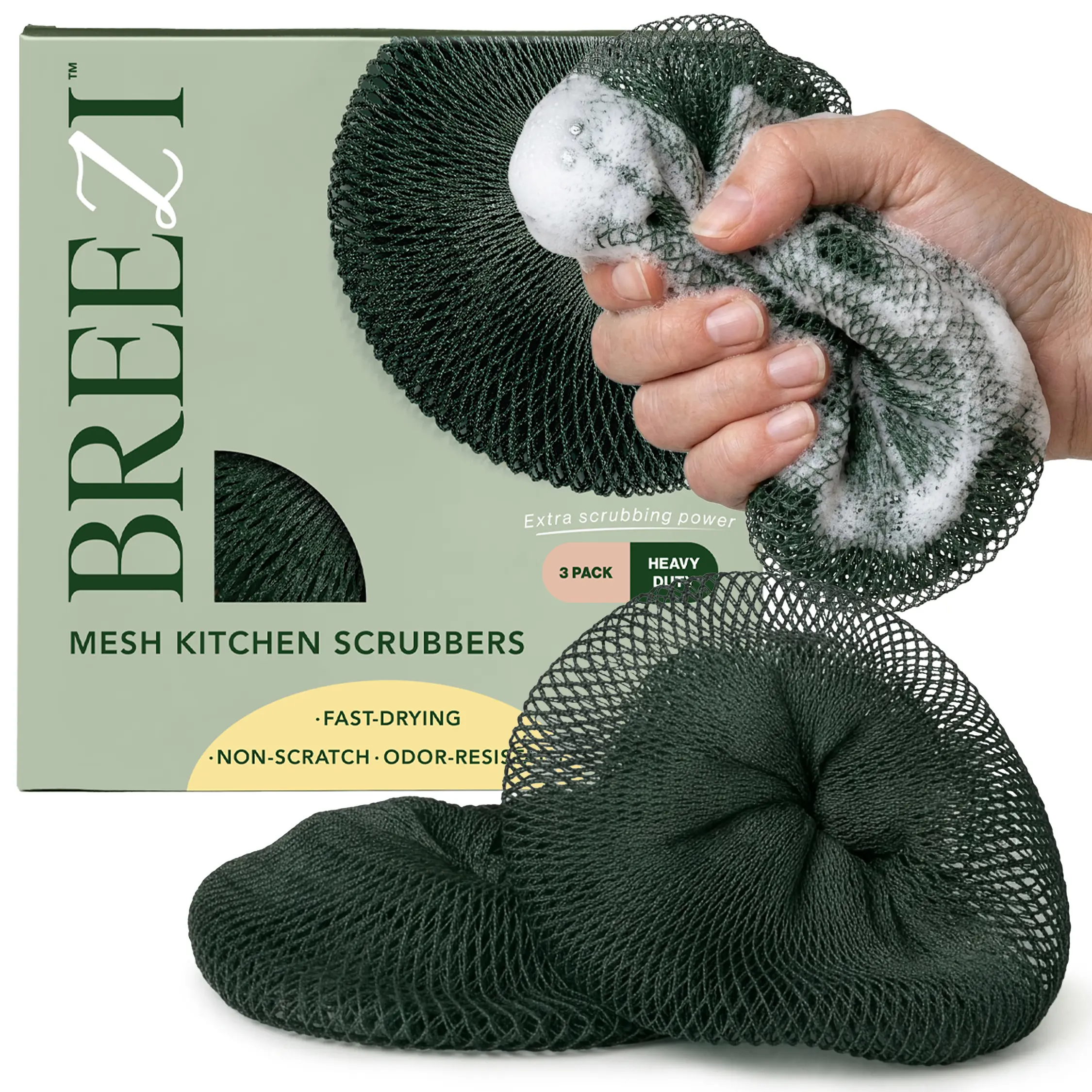 Breezi Heavy-Duty Kitchen Scrubber 3-Pk, Odor-Free Mesh Dish Scrub Sponge. Reusable kitchen sponges, fast-drying, multi-purpose dish sponge, sponge kitchen alternative