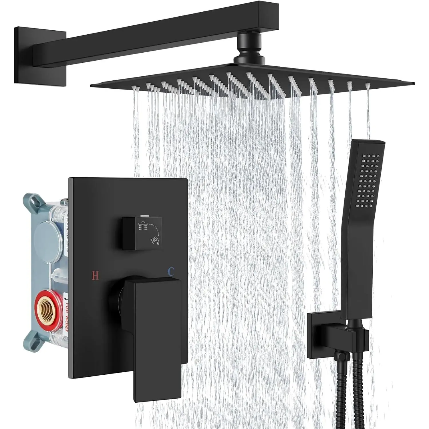 10/12 Inch Rain Shower System with Handheld Spray, Wall Mount Shower Faucet Set, Complete Kit with Rough-in Valve and Trim, 304 Stainless Steel, Brushed Nickel/Black, for Bathroom Upgrade & Daily Use