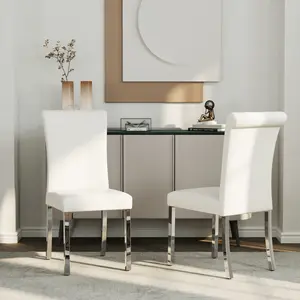AUZ Modern Dining Chairs Set of 2, White Leather Dining Room Chairs with Silver Stainless Steel Legs, Upholstered Chairs with High Back and Metal Chrome Legs for Kitchen/Living Room/Restaurant