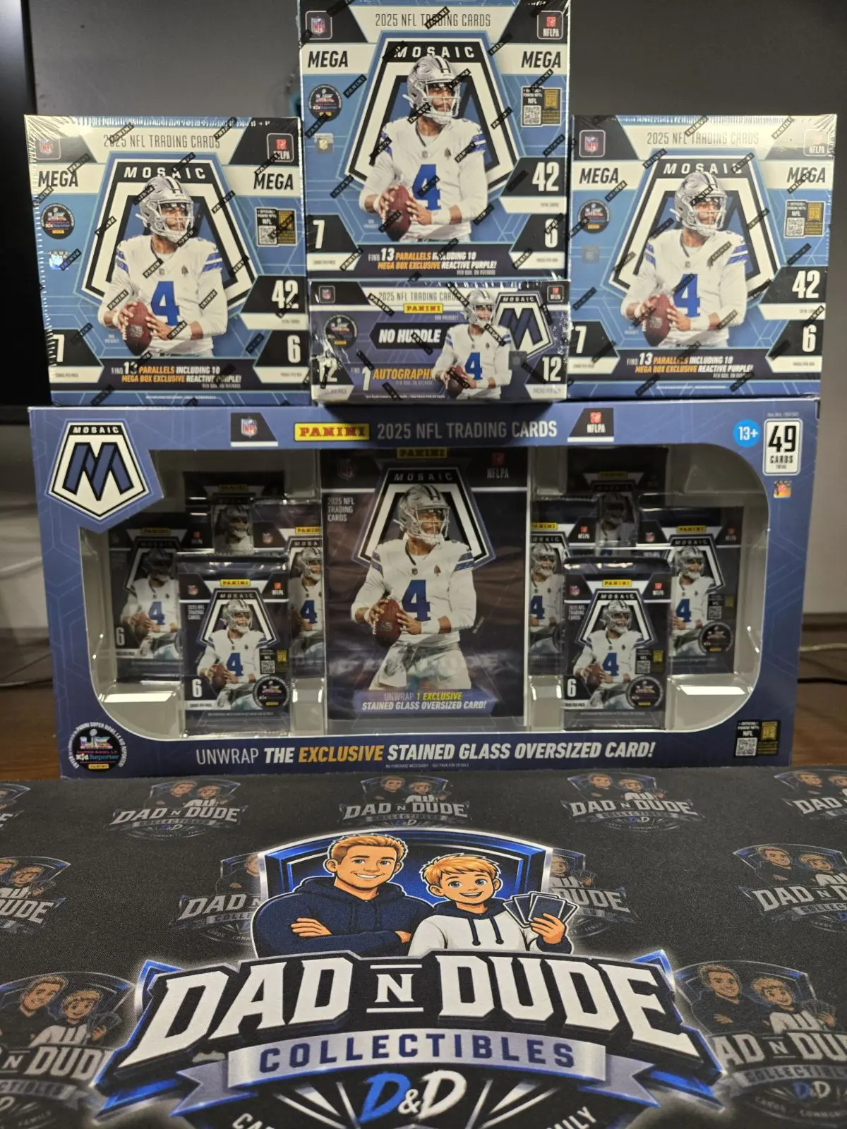 PYT Break- 5 Total Boxes- (1) 2025 Panini Mosaic Bundle ( 8 packs, 1 Jumbo stained glass) , (2) 2025 Panini Mosaic Mega Box (Reactive Purple), (1) 2025 Panini Mosaic No Huddle Box (1 Auto per box) - FOOTBALL