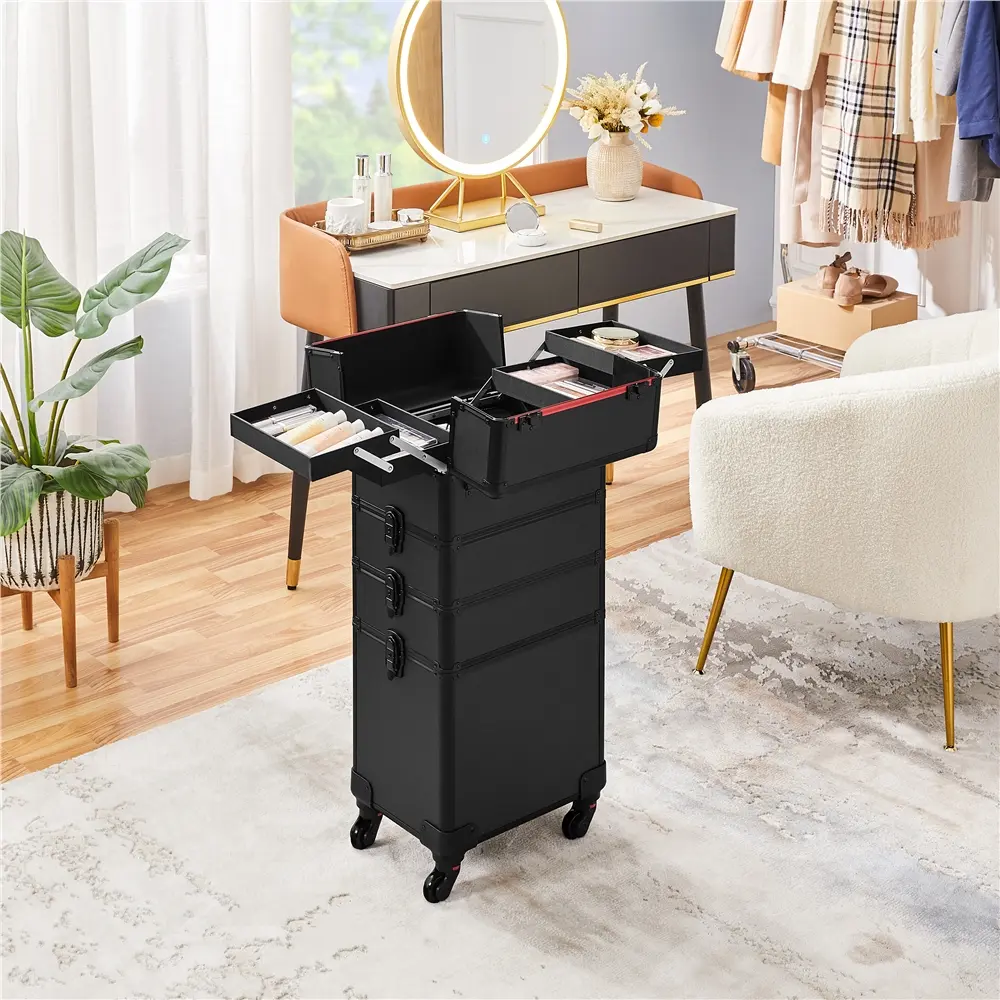 Yaheetech Professional Aluminum Frame 4-in-1 Rolling Makeup Train Case - Luggage Organization Solution with Clamp Locks, Lockable Drawers, Adjustable Trays, 17-39.5’’ Retractable Handle, Rolling Base, Makeup Containers, 13.5’’ L×10’’ W×32’’ H for Travel,