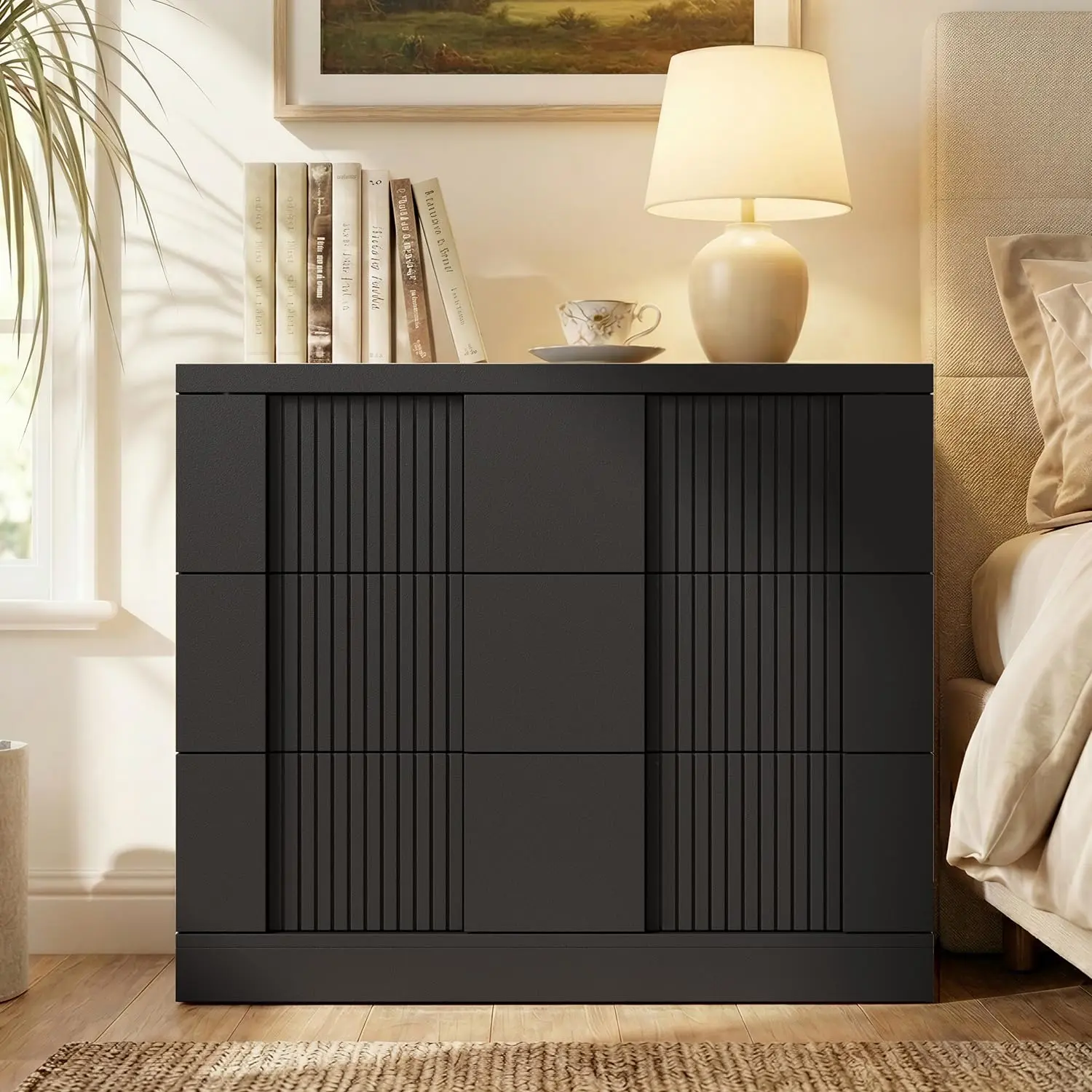 [SummerSale] Sikaic 27.6” Tall Fluted Nightstand, 31.5” Wide Oversized Night Stands, Extra Large Wood Bedside Side Table, 3 Drawers Storage, Mid-Century Modern End Table for Bedroom Sofa Living Room, Thickened Top, Home Furniture, Dorm Essentials