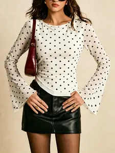 Elegant Women's Commuter Blouse with Eyelet Details, Asymmetric Hemline Design, Long Sleeve Casual Top for Stylish Office Wear, Chic Womenswear, Dot, Casual Blouse Shirts