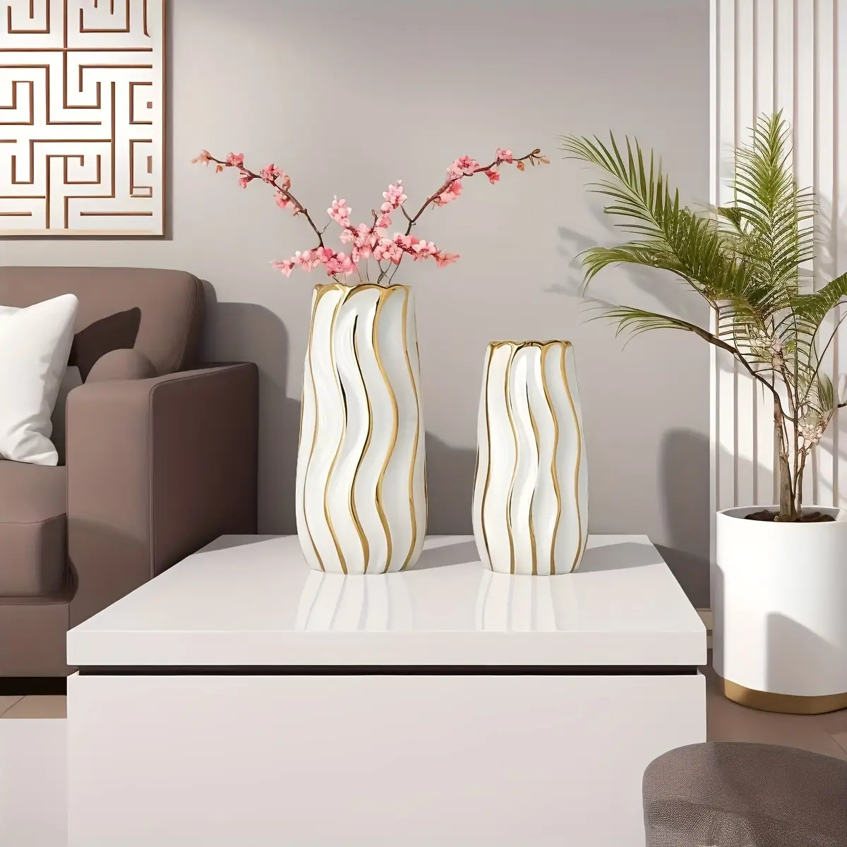 Elegant Ceramic Water Culture Vase, Stripe Pattern Desktop Decoration Bottle, Home Office Floral Arrangement Decor, Decorative Vase