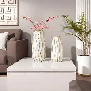 Elegant Ceramic Water Culture Vase, Stripe Pattern Desktop Decoration Bottle, Home Office Floral Arrangement Decor, Decorative Vase
