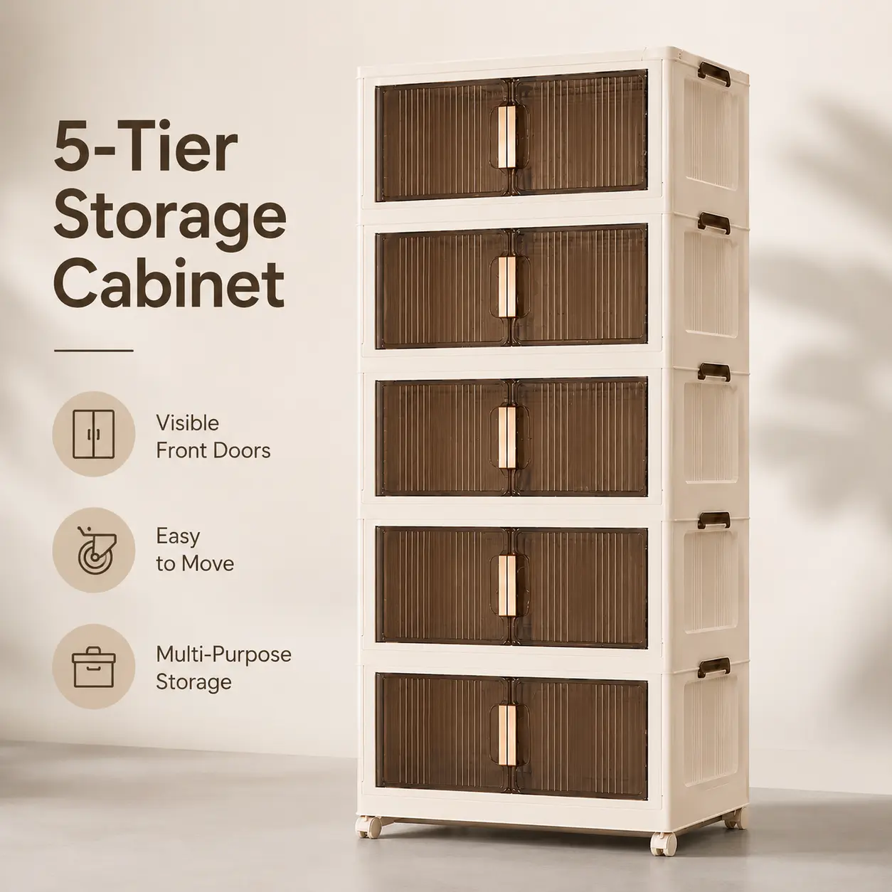Naviconvex 5-Tier Tall Mobile Storage Cabinet with Translucent Doors, Side Handles, Large Vertical Organizer for Closet, Bedroom, Office