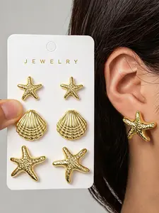 Women's Starfish Shell Design Earrings Set, Summer Ocean Style Beach Themed Jewelry Gift, Casual Alloy Ear Studs for All Seasons