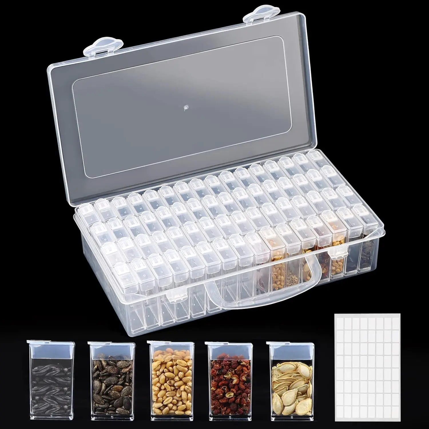 "ONE DAY ONLY" 64 Slots Plastic Seed Storage Box Organizer with Label Stickers(seeds not included), Seed Container Storage use for Flower Seeds,Vegetable Seeds, Clover Seeds, Basil Seeds, Tomato Seeds Set Carrot Corn Fruit Strawberry