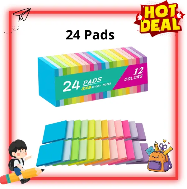 24 Pack Sticky Notes, 3x3 Inch Self-Stick Notes Pads, Bright Colors Memo Notes, Easy Post Reminders for Home, Office, School & Notebook Organization
