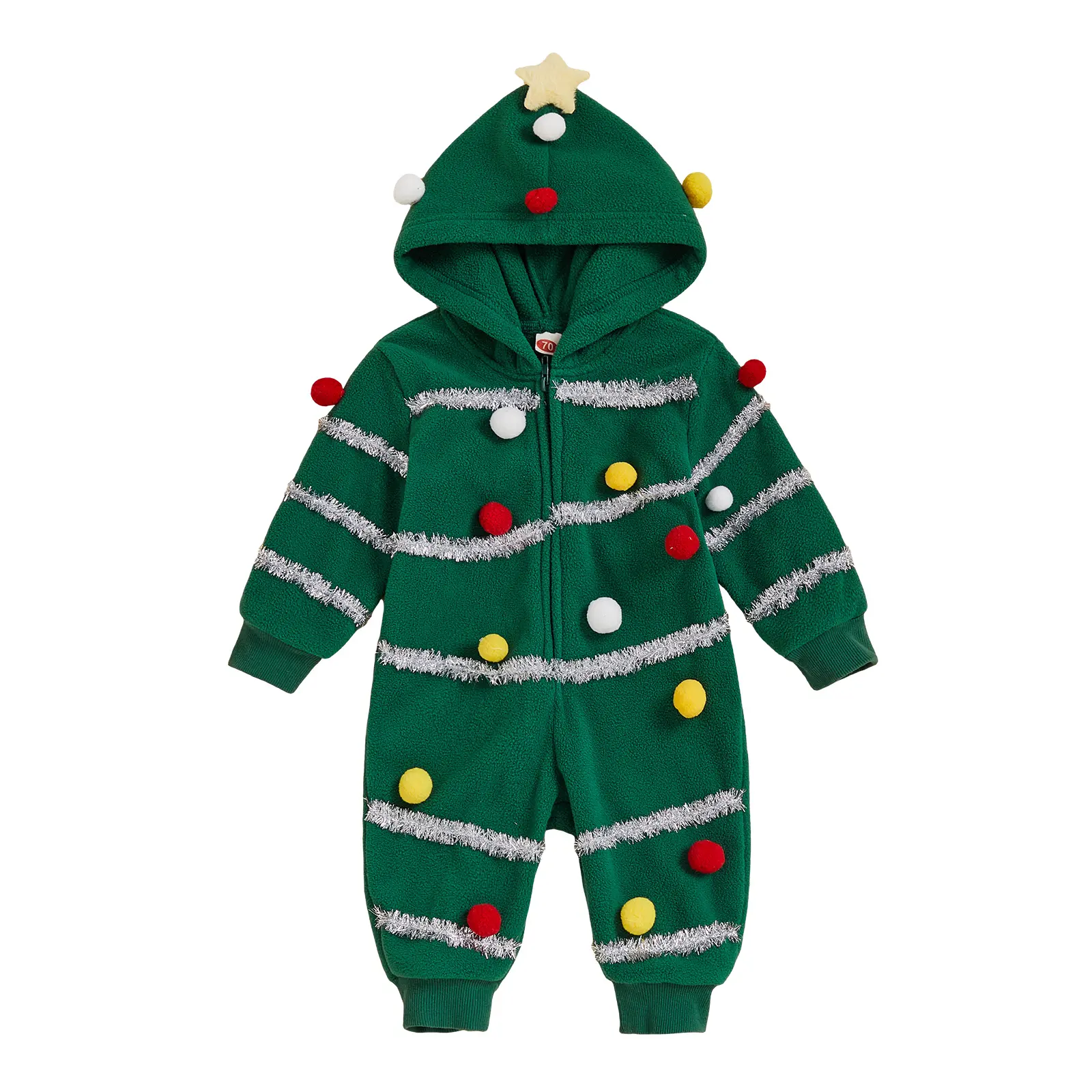Canrulo Toddler Baby Girl Boy Christmas Tree Jumpsuit Cosplay Costume Plush Ball Long Sleeve Zip-up Hooded Romper Fall Winter Clothes 6M-7T