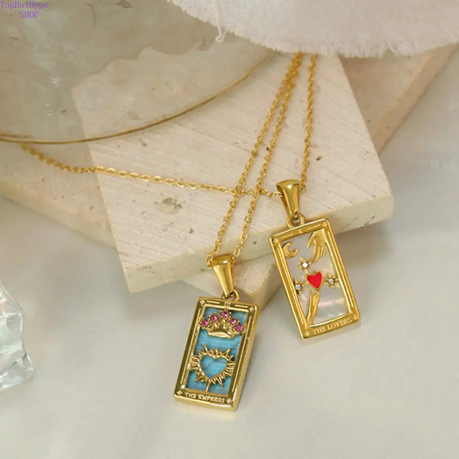 Women's Elegant Tarot Card Necklace - Mystic Rectangular Pendant with Enamel & CZ Inlay, Spiritual Charm Costume Jewelry for Gifting, Elegant Necklace, Divine Feminine, Tarot Charm Focus, Engraved Necklace, Accessory Necklace