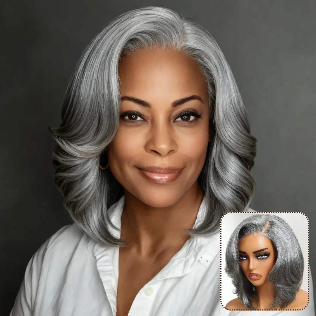 Human Hair Lace Closure Wig, Salt & Pepper Silver Gray Layered Bob, Glueless 6.5x1.5 Side Part, Blowout Straight Style, Beginner Friendly, Lace Hairline Wig, Human Hair Frontal, 6.5X1.5 Lace Closure