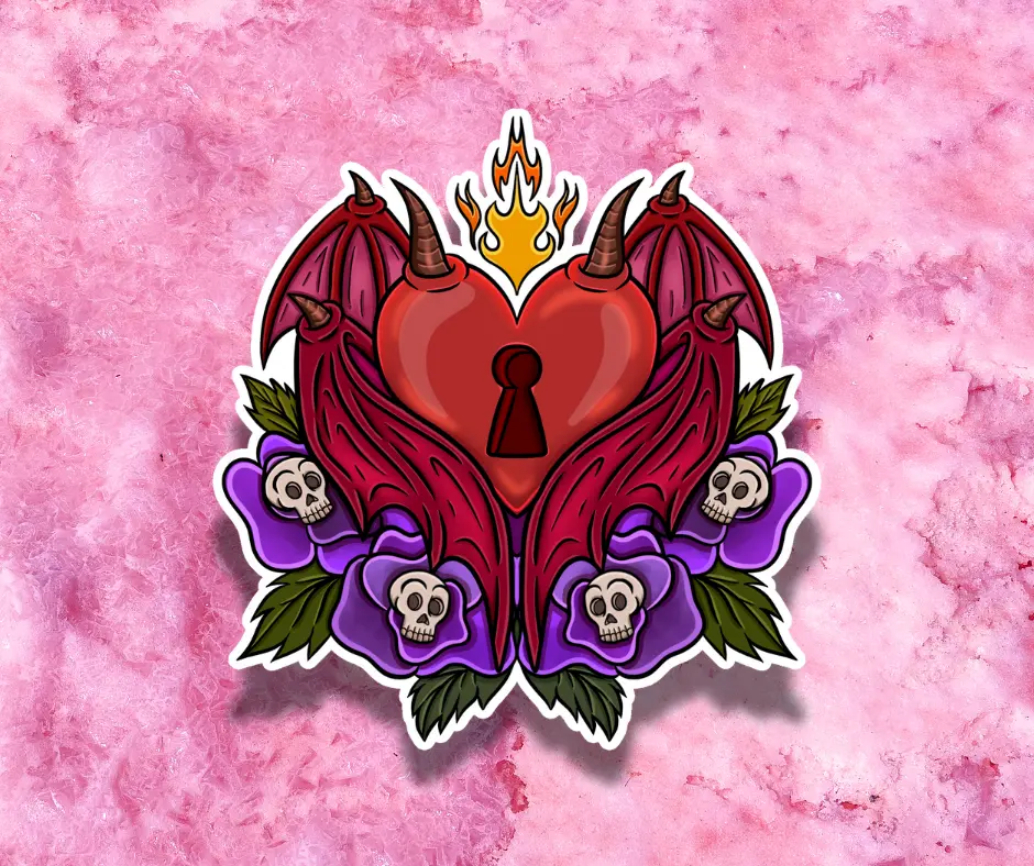 Demonic Heart Lock Vinyl Sticker - Romance Love Heart Flowers Goth Cute