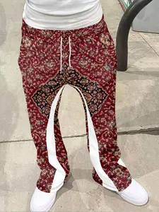 Burgundy Floral Satin Flare Pants Trouser, Vintage Luxurious Casual Wear, Geometric Pattern, Fitted Style, All Seasons, Bottoms, Print