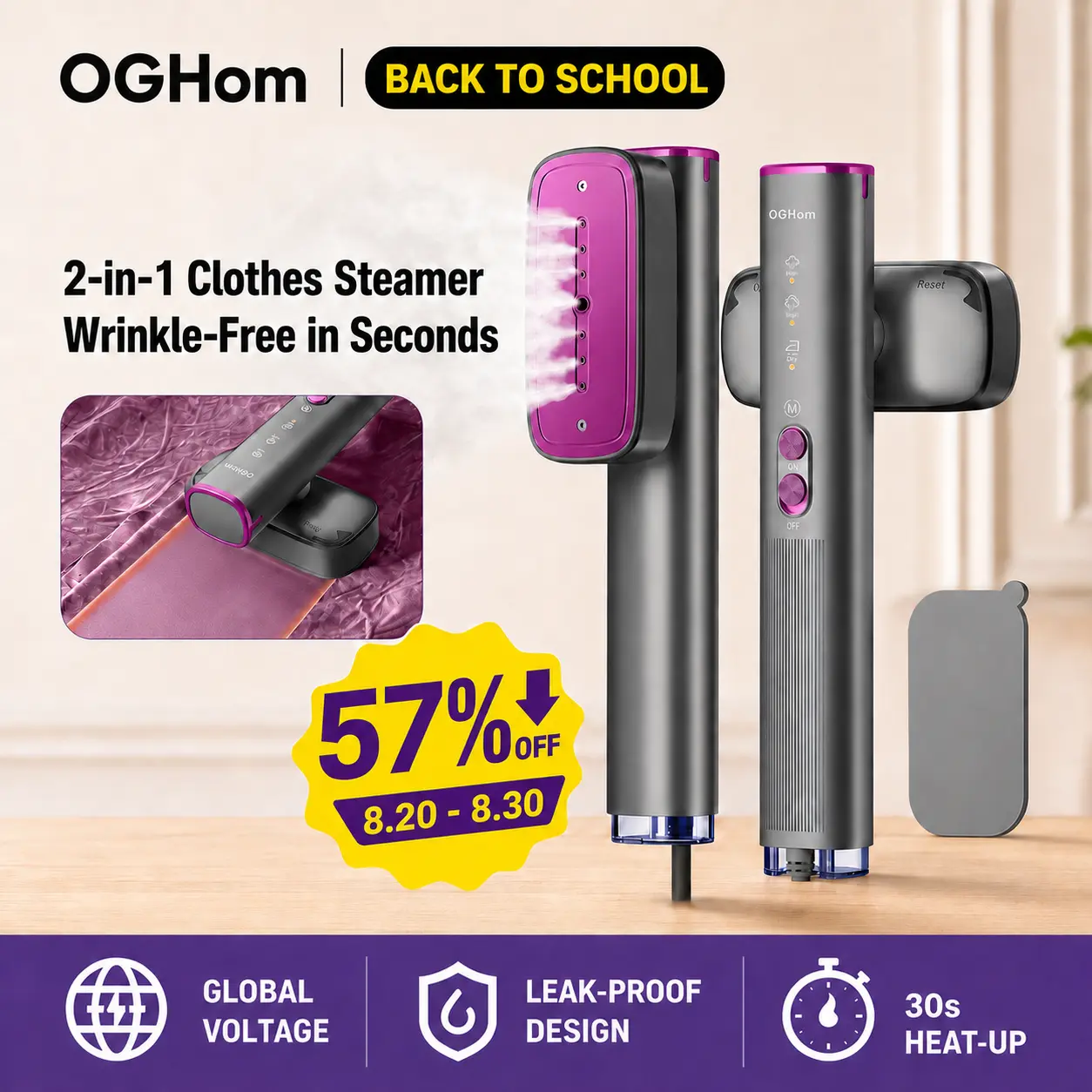 【BackToSchool】OGHom Steamer for Clothes, 110-240V Travel Steamer & Iron 2 in 1, 1000W Powerful Steam, Portable Handheld Garment Wrinkle Remover, 30s Fast Heat-Up with Dry & 2-Steam Control, for Global & Europe Max Version tiktokshopbacktoschool