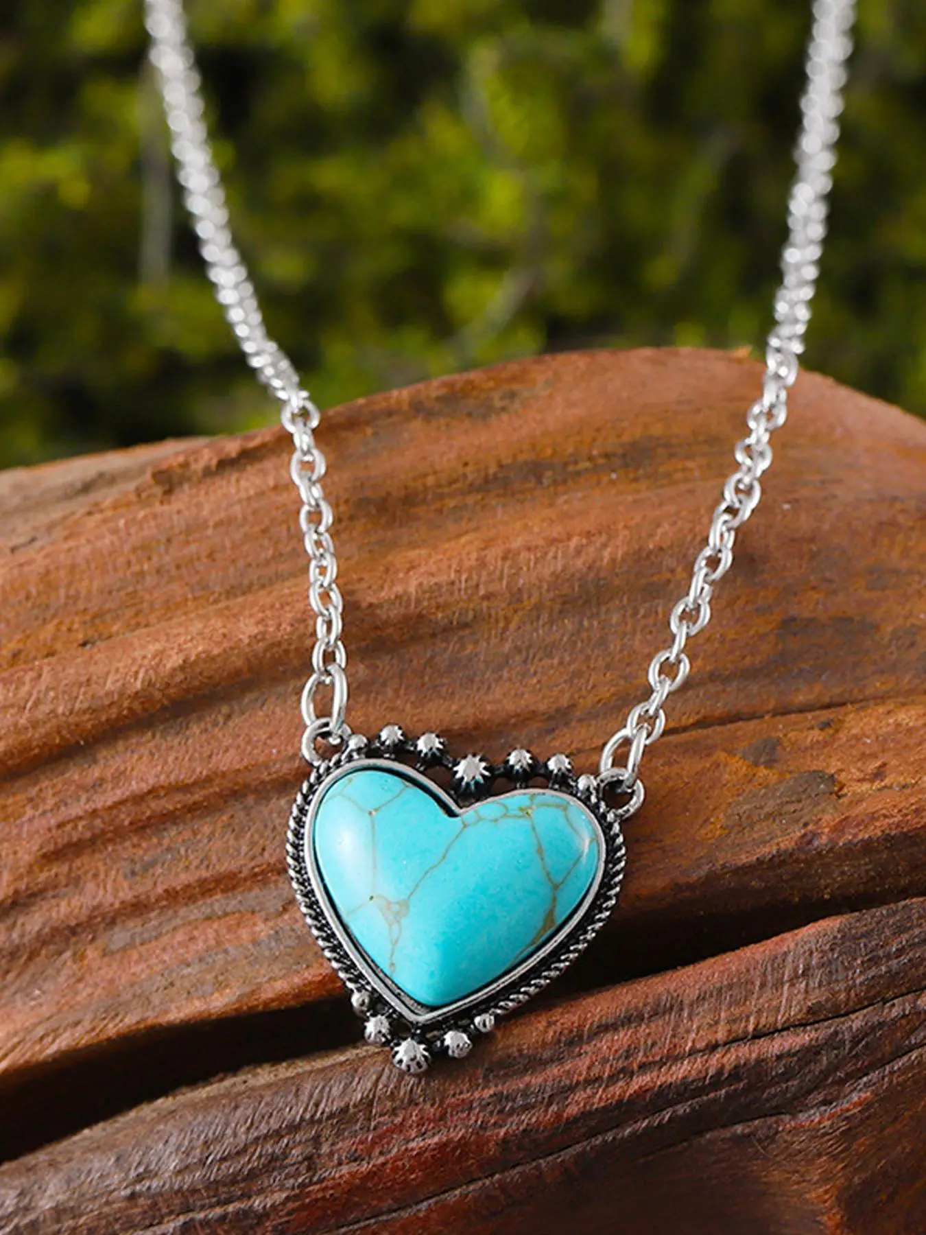 Boho Style Heart Shaped Turquoise Texture Pendant Necklace, Mother's Day Gift, Personality Jewelry for Party, Daily Clothing Decor, Trendy All-match &