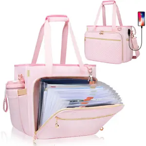 Teacher Tote Bag with Accordion File Organizer Pocket, Soft Nylon Utility Bag with 15.6 inch Laptop Compartment & USB Port, Large Work Tote Bag for Office Supplies Women (Pink)