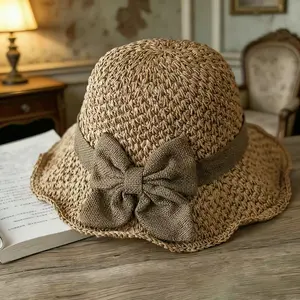 Versatile retro woven handmade straw hat withruffled bow, elegant French sun hat, foldable,breathable travel beach hat.Folds compact for easy portability.