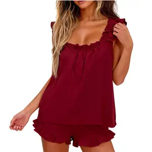 Women Short Loungewear Set Ruffle Trim Pajamas Sets Sleeveless Casual Sleepwear Set Loose Fit Breathable Loungewear Pjs Cozy Family Loungewear Fashionable Lady All Season Pajamas Bridal Gift