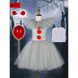 4pcs Halloween Girls' Handmade Knit Dress Clown Horror Atmosphere Witch Dress Halloween Carnival Easter Outfit Skirt Tutu Dress & Balloons & Gloves & Hair Tie, as Birthday Gift Girls