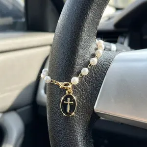 Car Steering Wheel Rosary Charm, Car Steering Wheel Suspension Accessories for Car Decoration; Cross Suspension Accessories for Women Men, Car Ornament, Car Interior Ornaments