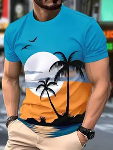 Men's Tropical Palm Tree Pattern T-Shirt, Casual Streetwear Short Sleeve, Vibrant Blue Design, Soft Polyester Fabric, Round Neck